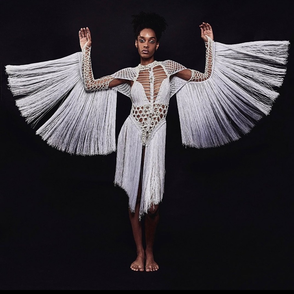 GUSTAVO SILVESTRE Silk Crochet Goddess Fringe Bodysuit Burningman Coachella